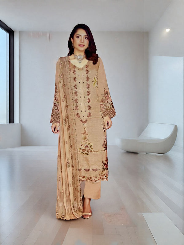Beige Embroidered 3-Piece Dress