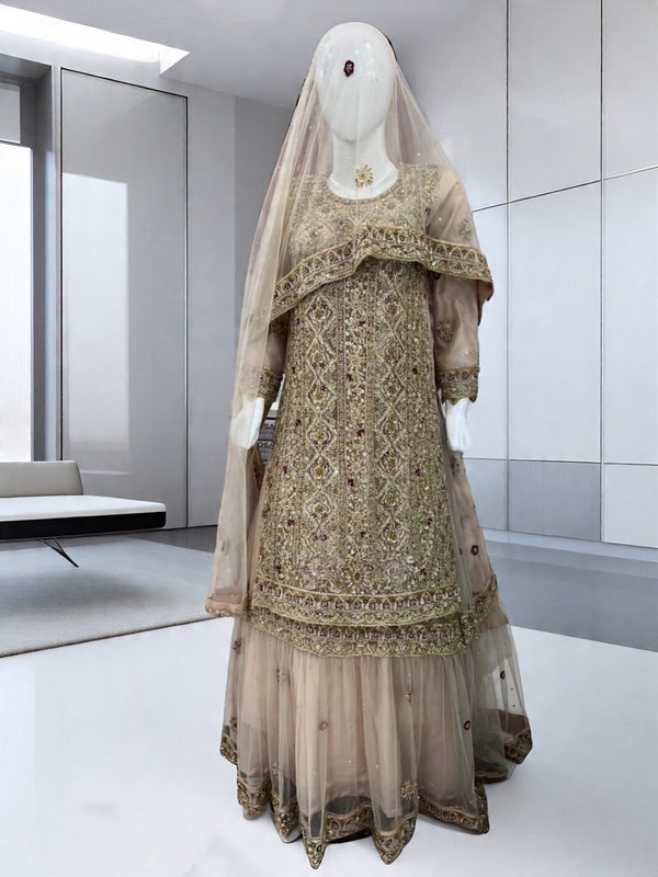 Beige and Gold Embroidered Bridal Gown with Sheer Dupatta