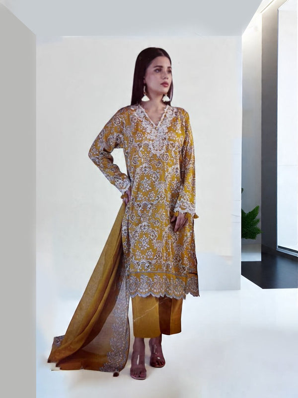 Vibrant Mustard Yellow Printed Kurta Set with Embroidered Dupatta