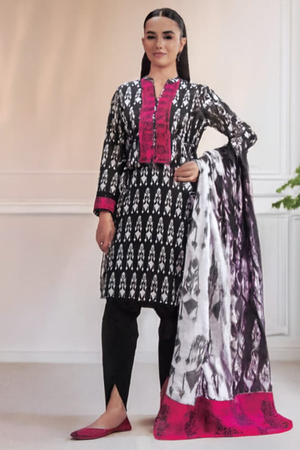 Bold Black and White Printed Kurta with Fuchsia Accents and Tie-Dye Dupatta