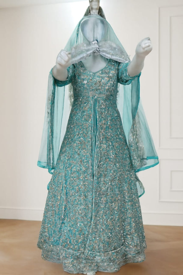 Turquoise Embroidered Anarkali Gown with Sequin Work and Sheer Dupatta