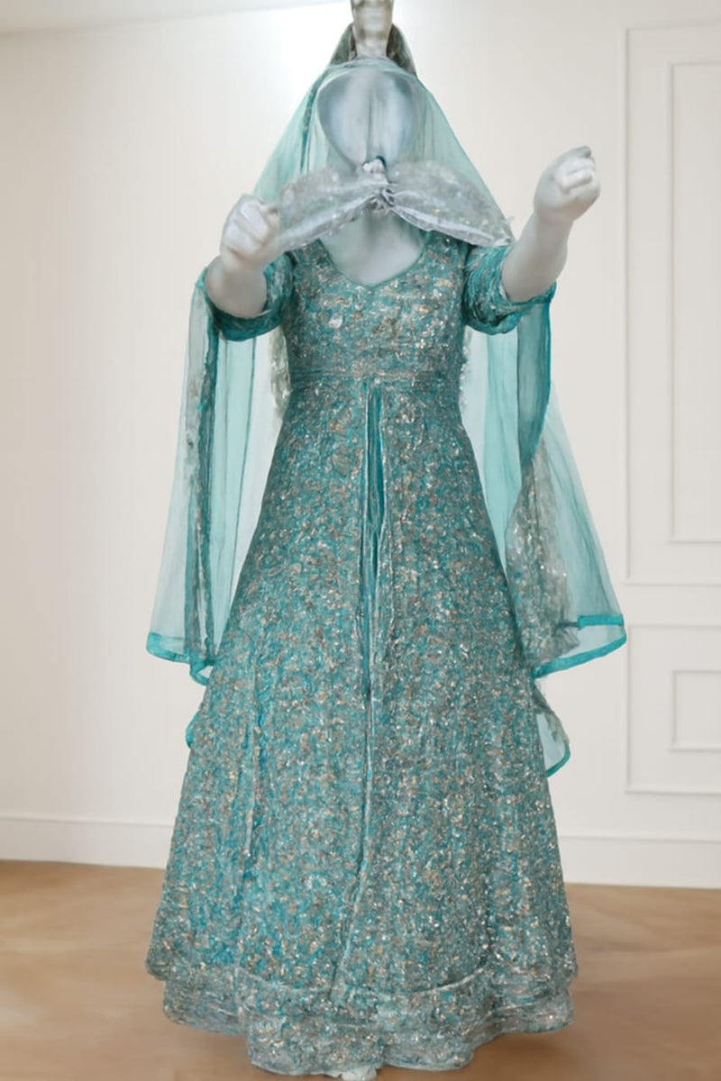 Turquoise Embroidered Anarkali Gown with Sequin Work and Sheer Dupatta