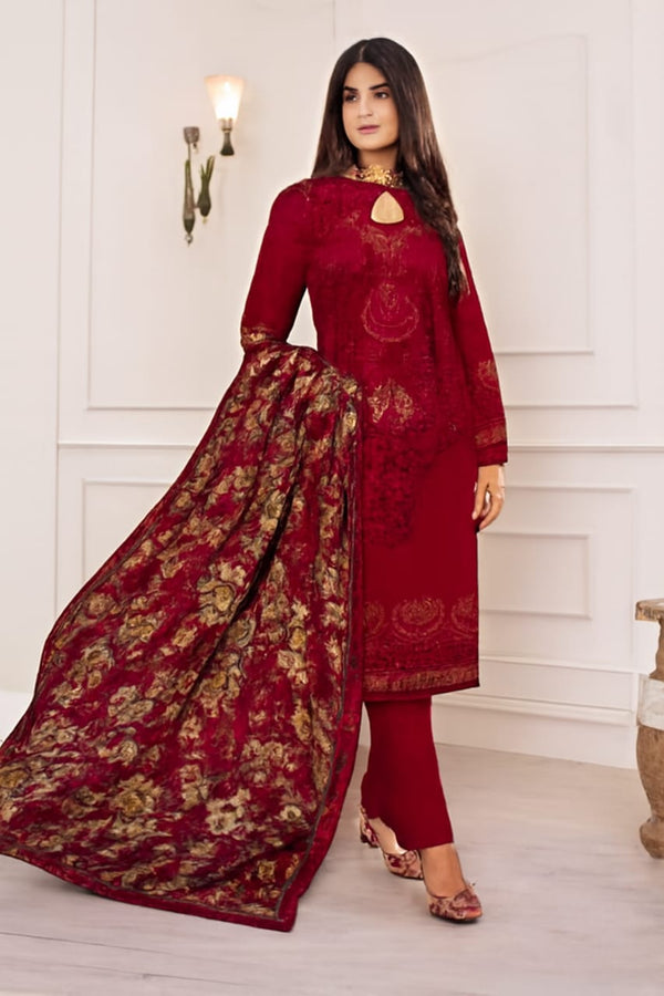 Rich Maroon Embroidered Kurta Set with Gold Floral Motifs and Matching Dupatta