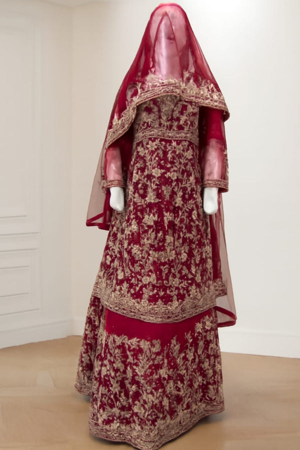 Regal Maroon Embroidered Sharara Suit with Gold Floral Embellishments and Sheer Veil