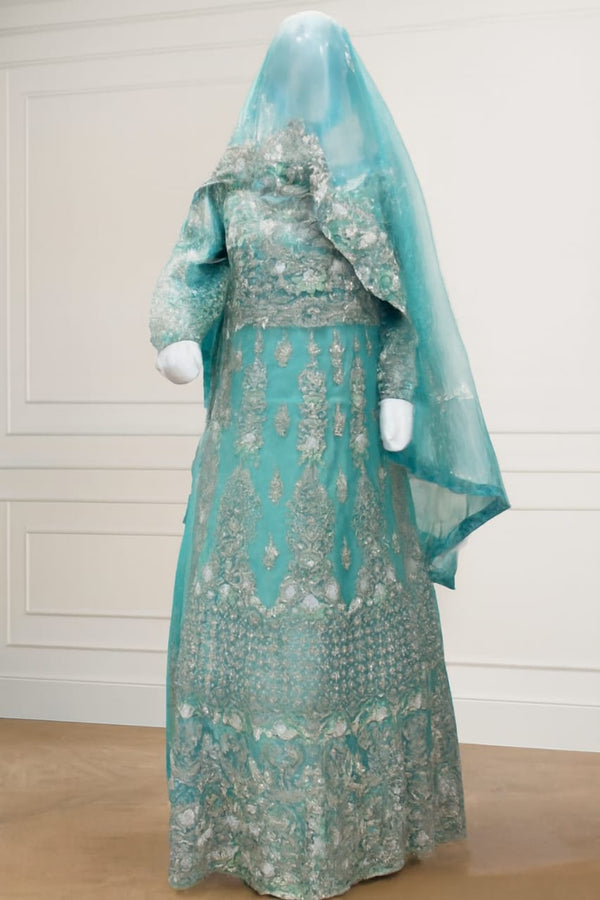 Turquoise Embroidered Sharara Suit with Silver Work and Sheer Veil