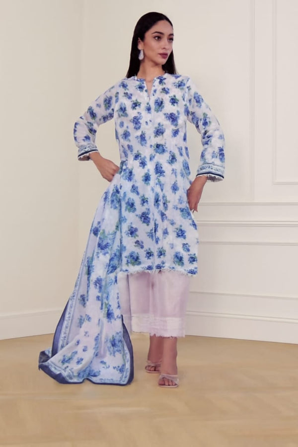 White and Blue Floral Printed Kurta Set with Sheer Dupatta