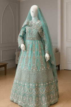 Mint Green Embroidered Anarkali Gown with Silver Threadwork and Sheer Veil