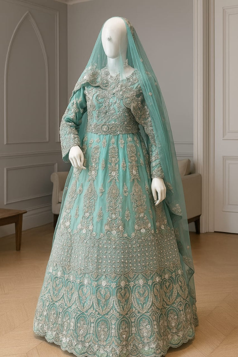 Mint Green Embroidered Anarkali Gown with Silver Threadwork and Sheer Veil