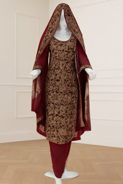 Maroon and Brown Printed Kurta Set with Matching Dupatta and Trousers