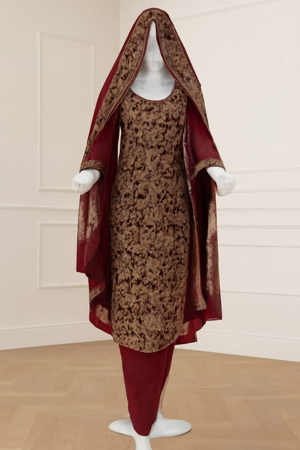 Maroon and Brown Printed Kurta Set with Matching Dupatta and Trousers