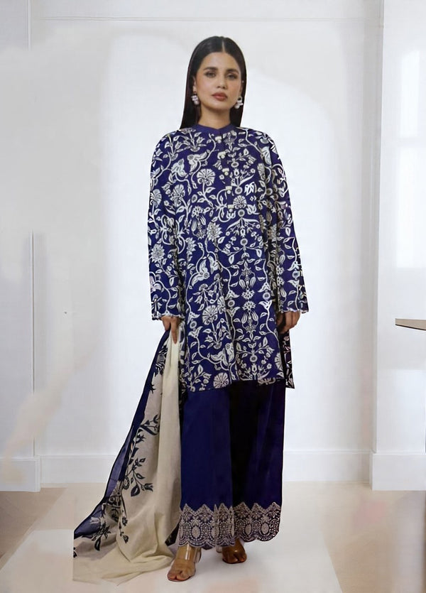 Navy Blue Printed Kurta Set with White Floral Motifs and Beige Dupatta