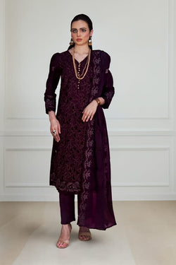 Deep Plum Embroidered Kurta Set with Sheer Dupatta and Gold Accents