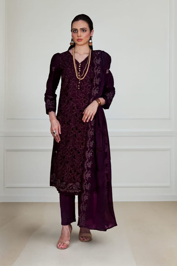 Deep Plum Embroidered Kurta Set with Sheer Dupatta and Gold Accents