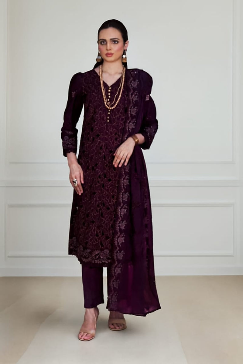 Deep Plum Embroidered Kurta Set with Sheer Dupatta and Gold Accents