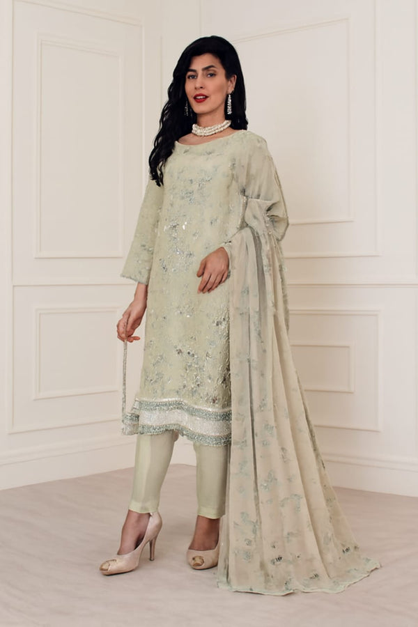 Pistachio Green Embroidered Kurta Set with Sequin Work and Sheer Dupatta