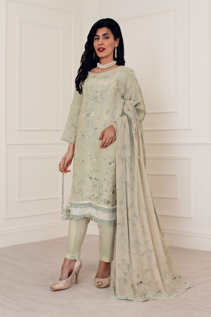 Pistachio Green Embroidered Kurta Set with Sequin Work and Sheer Dupatta
