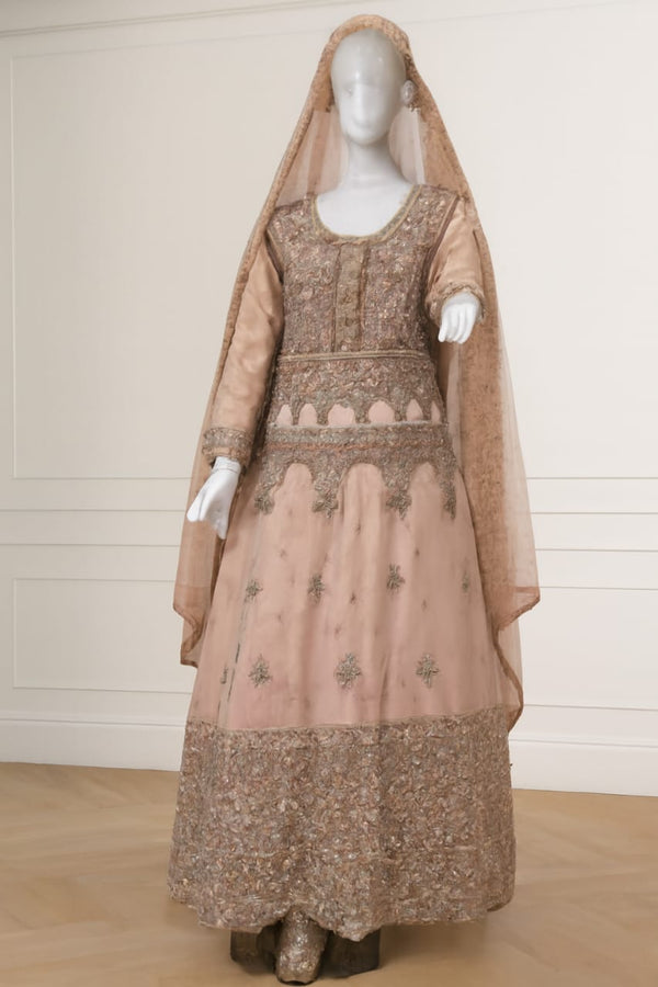 Blush Pink and Gold Embroidered Anarkali Gown with Sheer Veil