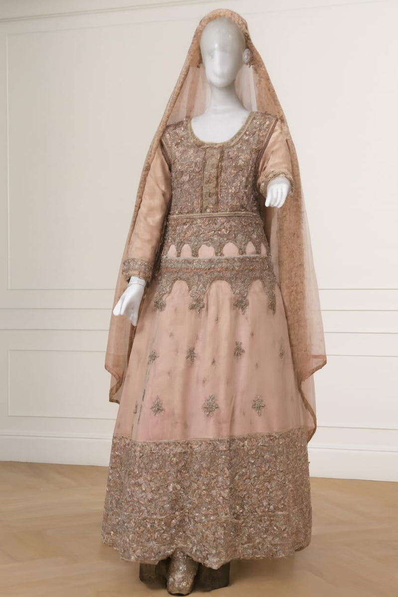 Blush Pink and Gold Embroidered Anarkali Gown with Sheer Veil