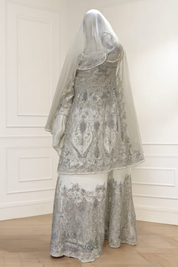 Silver Gray Embroidered Sharara Suit with Sheer Veil and Floral Motifs