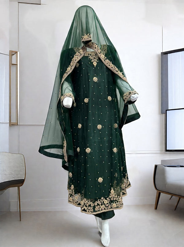 Dark Green Embroidered Sharara Suit with Gold Floral Accents and Sheer Veil