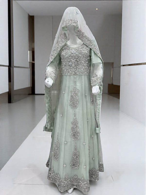 Mint Green Embroidered Bridal Outfit with Matching Veil