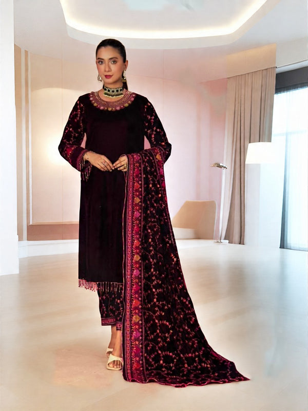 Dark Maroon Velvet Kurta Set with Embroidered Dupatta and Traditional Neckline