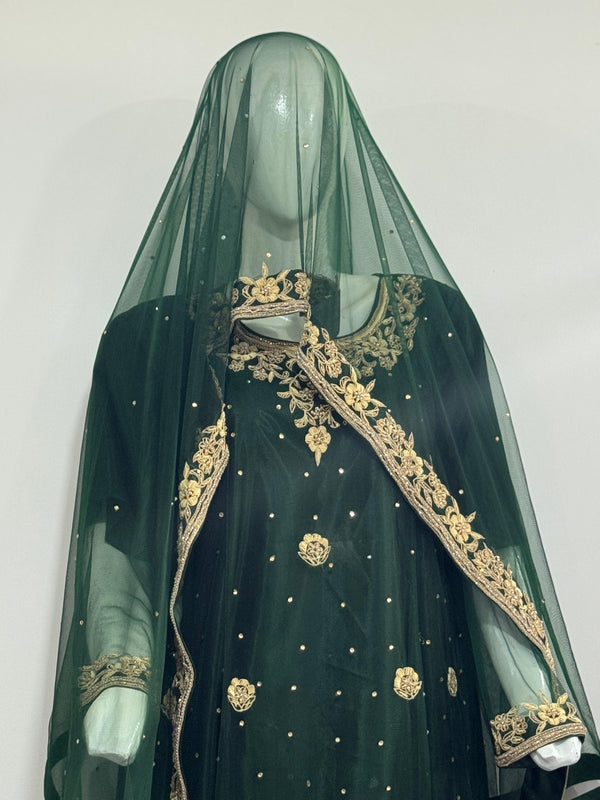 Dark Green Embroidered FROK Suit with Gold Floral Accents and Sheer Veil