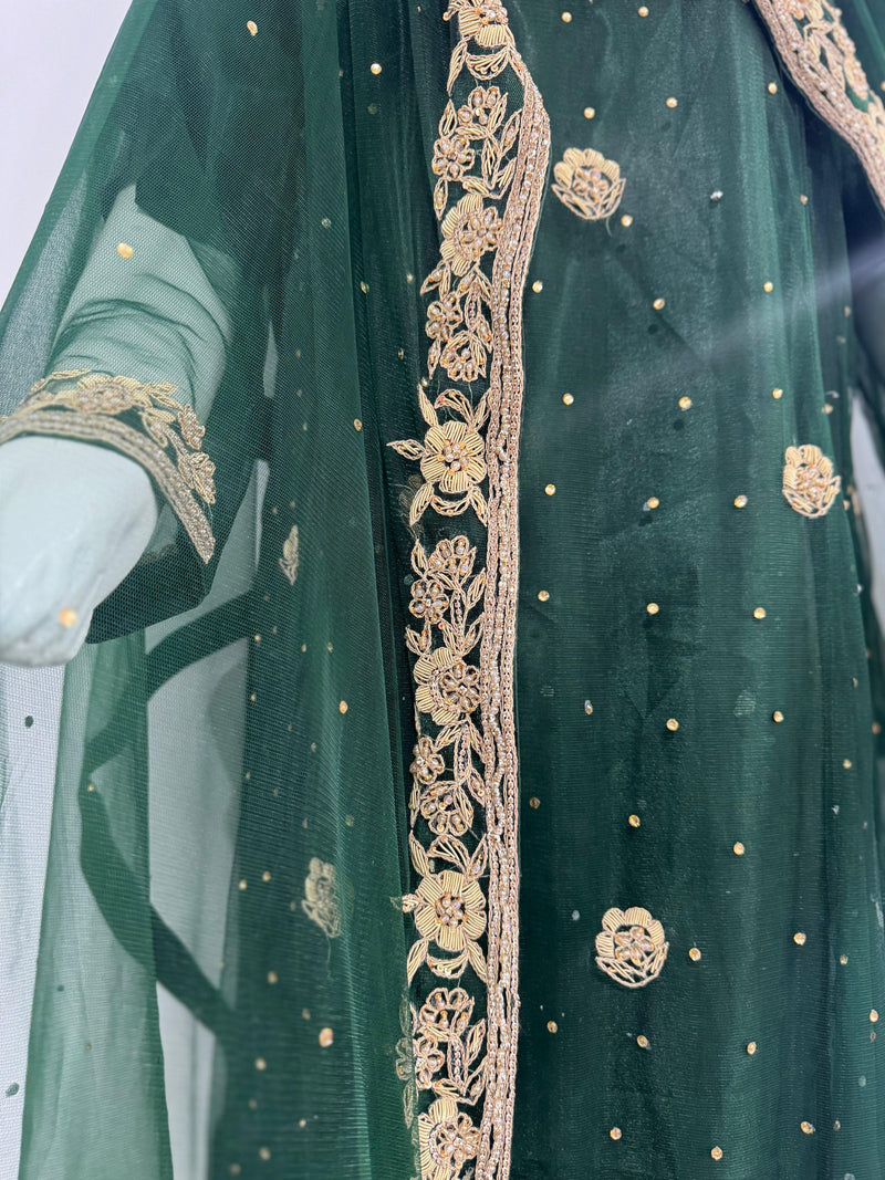 Dark Green Embroidered FROK Suit with Gold Floral Accents and Sheer Veil
