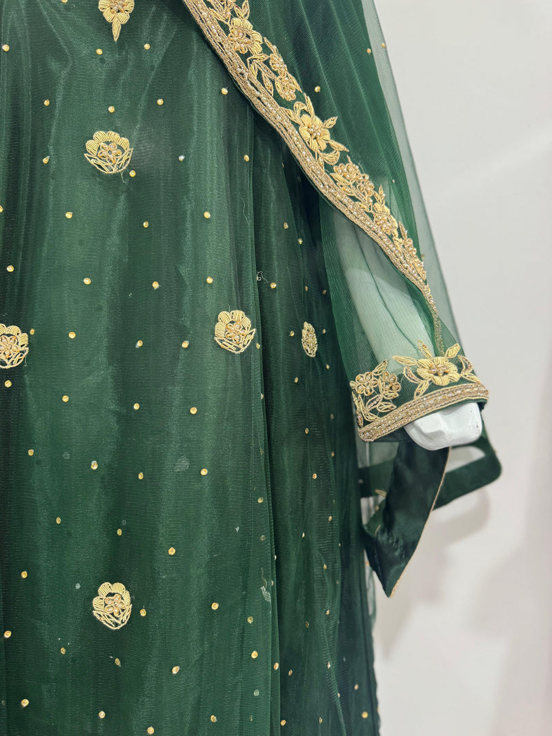 Dark Green Embroidered FROK Suit with Gold Floral Accents and Sheer Veil