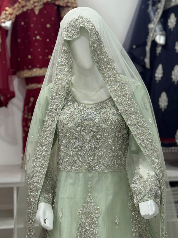 Mint Green Embroidered Bridal FROCK Outfit with Matching Veil