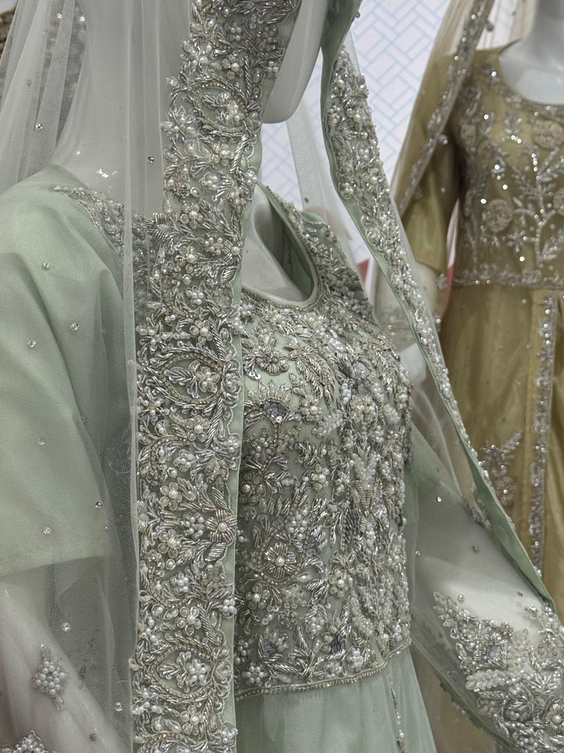 Mint Green Embroidered Bridal FROCK Outfit with Matching Veil