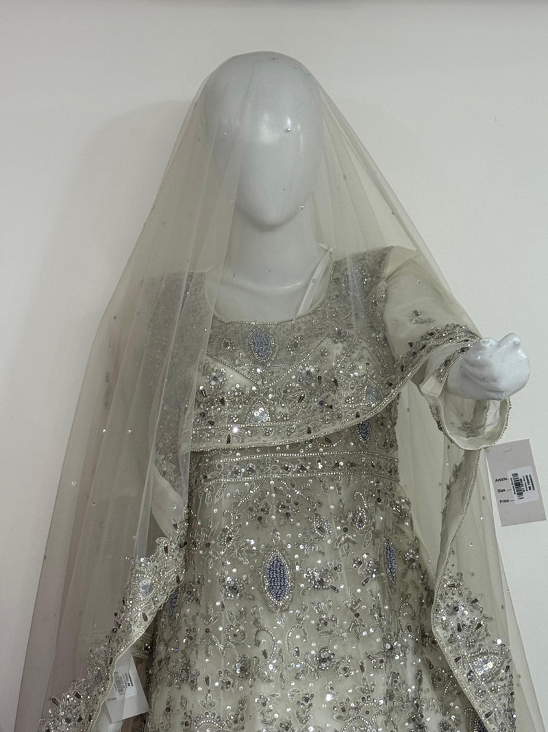 Silver Gray Embroidered FROCK Suit with Sheer Veil and Floral Motifs