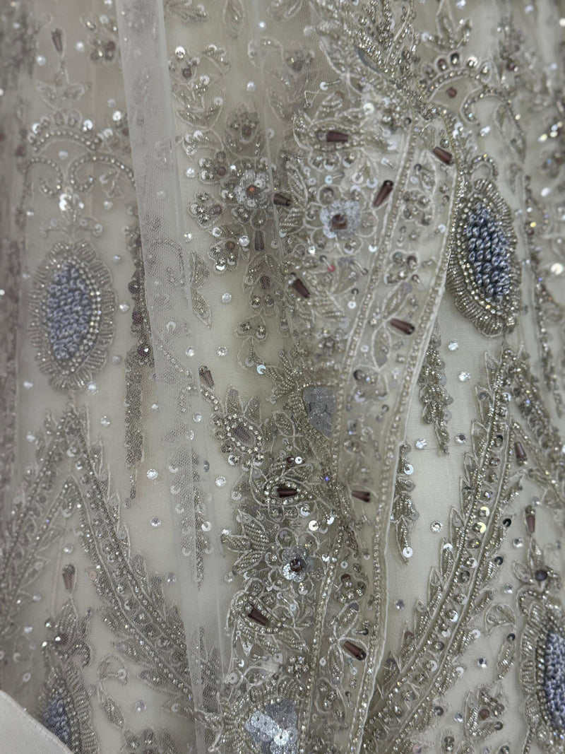 Silver Gray Embroidered FROCK Suit with Sheer Veil and Floral Motifs