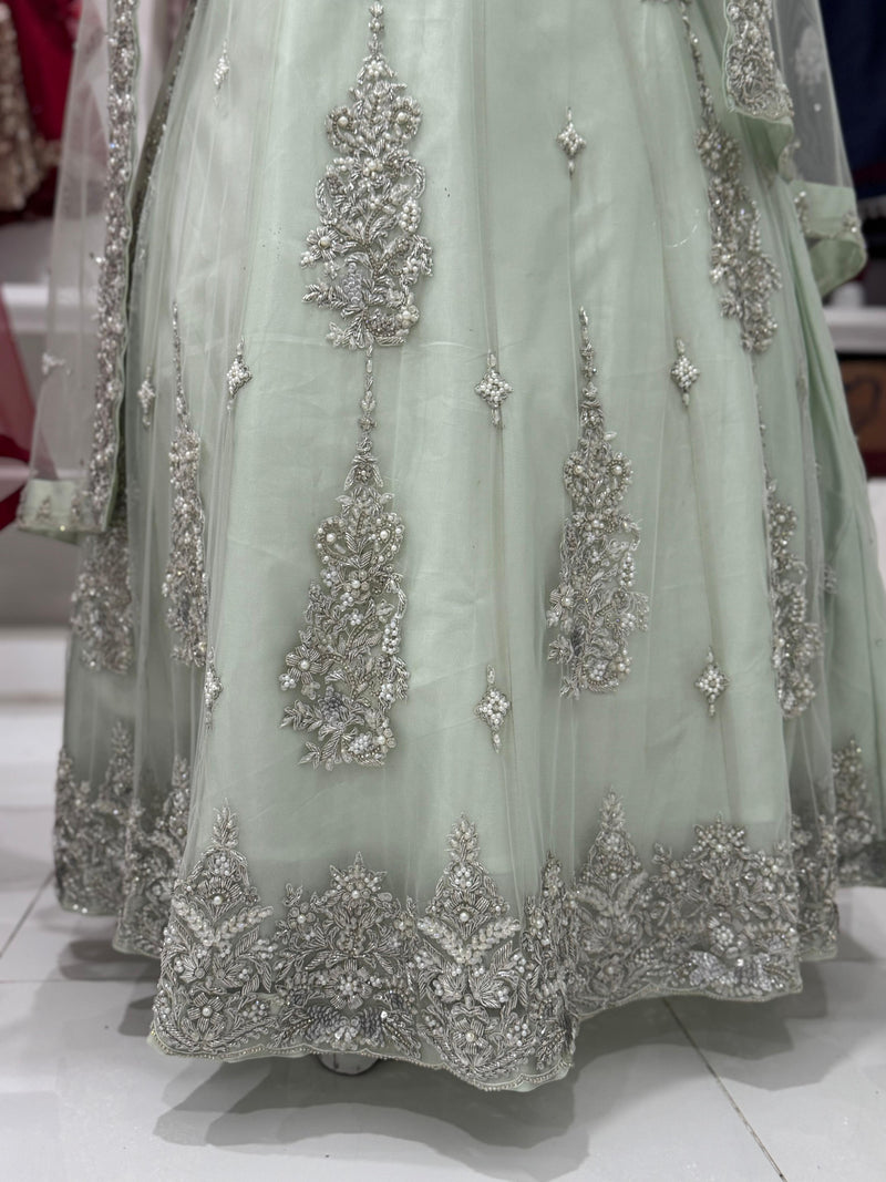 Silver Gray Embroidered FROCK Suit with Sheer Veil and Floral Motifs